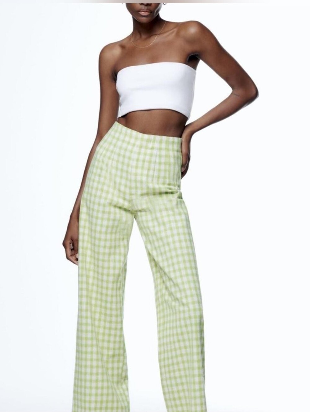 Zara Green And White Gingham Wide Leg Pants